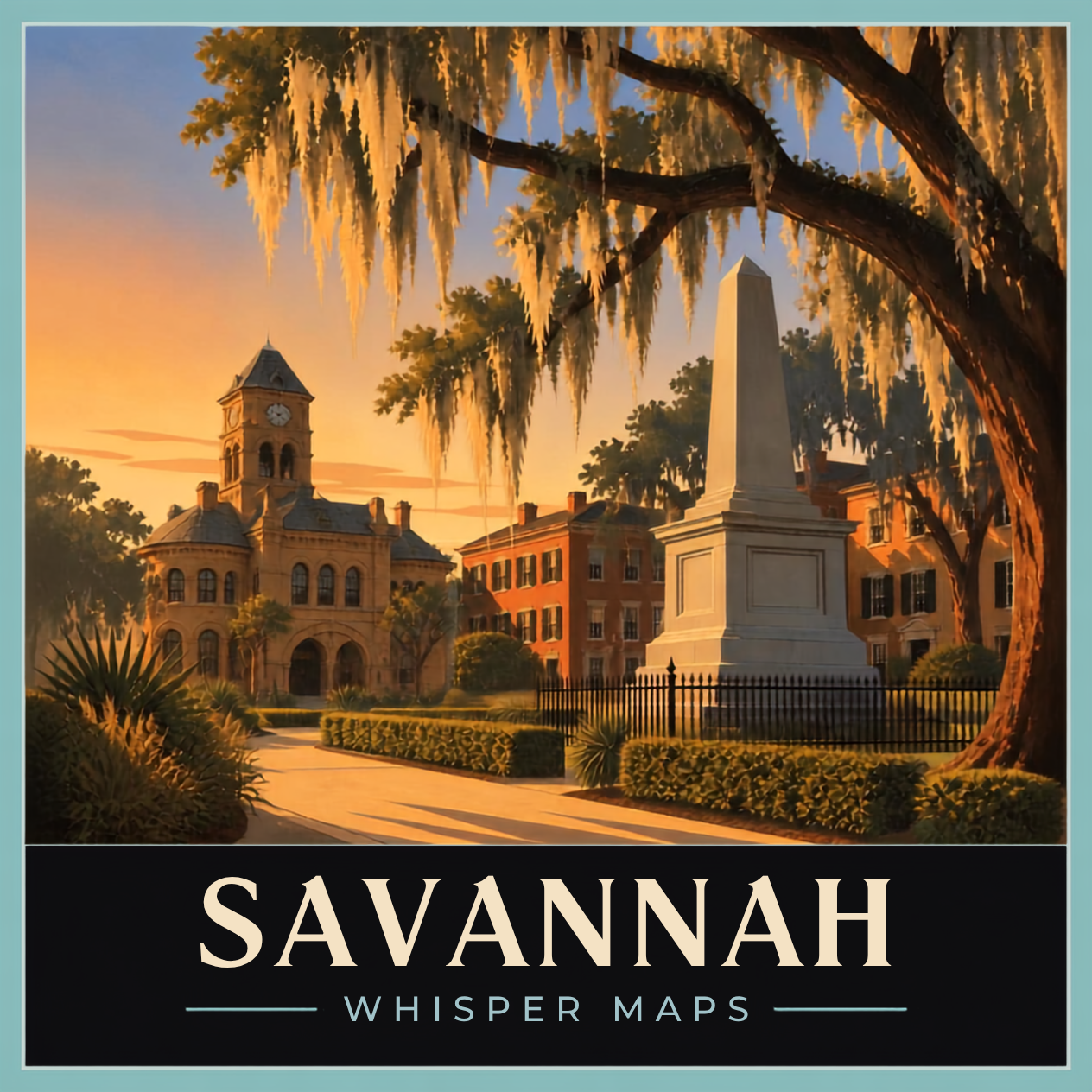 Savannah city edition poster. Spanish moss over a monument and historic buildings at golden hour, with the Whisper Maps lockup.